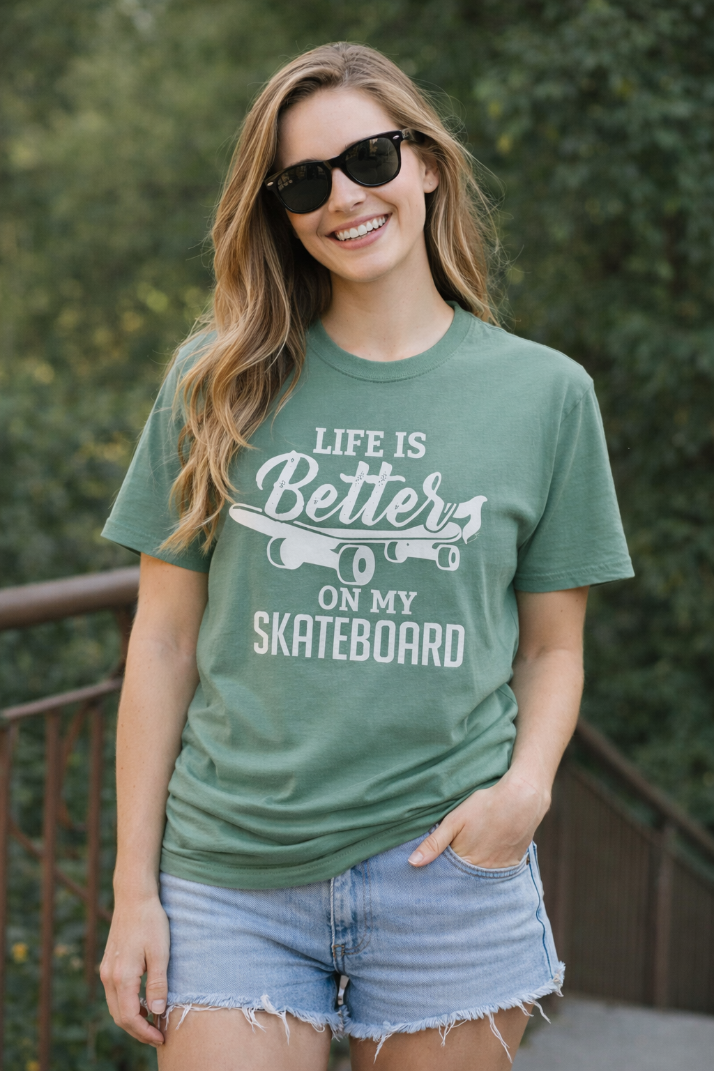 Woman wearing a green t-shirt with 'Life is Better on My Skateboard' text, sunglasses, and denim shorts outdoors.