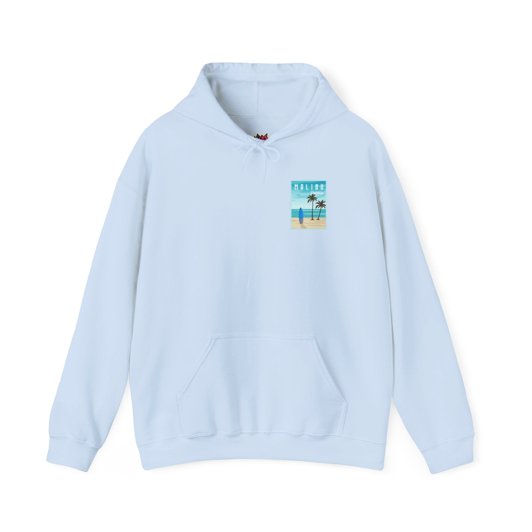 Light blue hoodie with a graphic on the chest against a white background