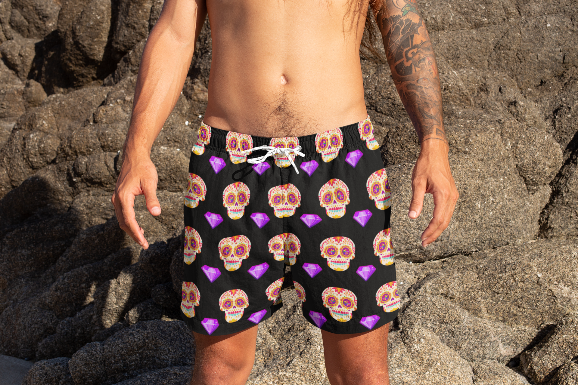 Mens Sugar Skull Swim Shorts Funny Beach Shorts for Him Festival Pool Trunks Bold Summer Gift for Boyfriend Vacation Swimwear