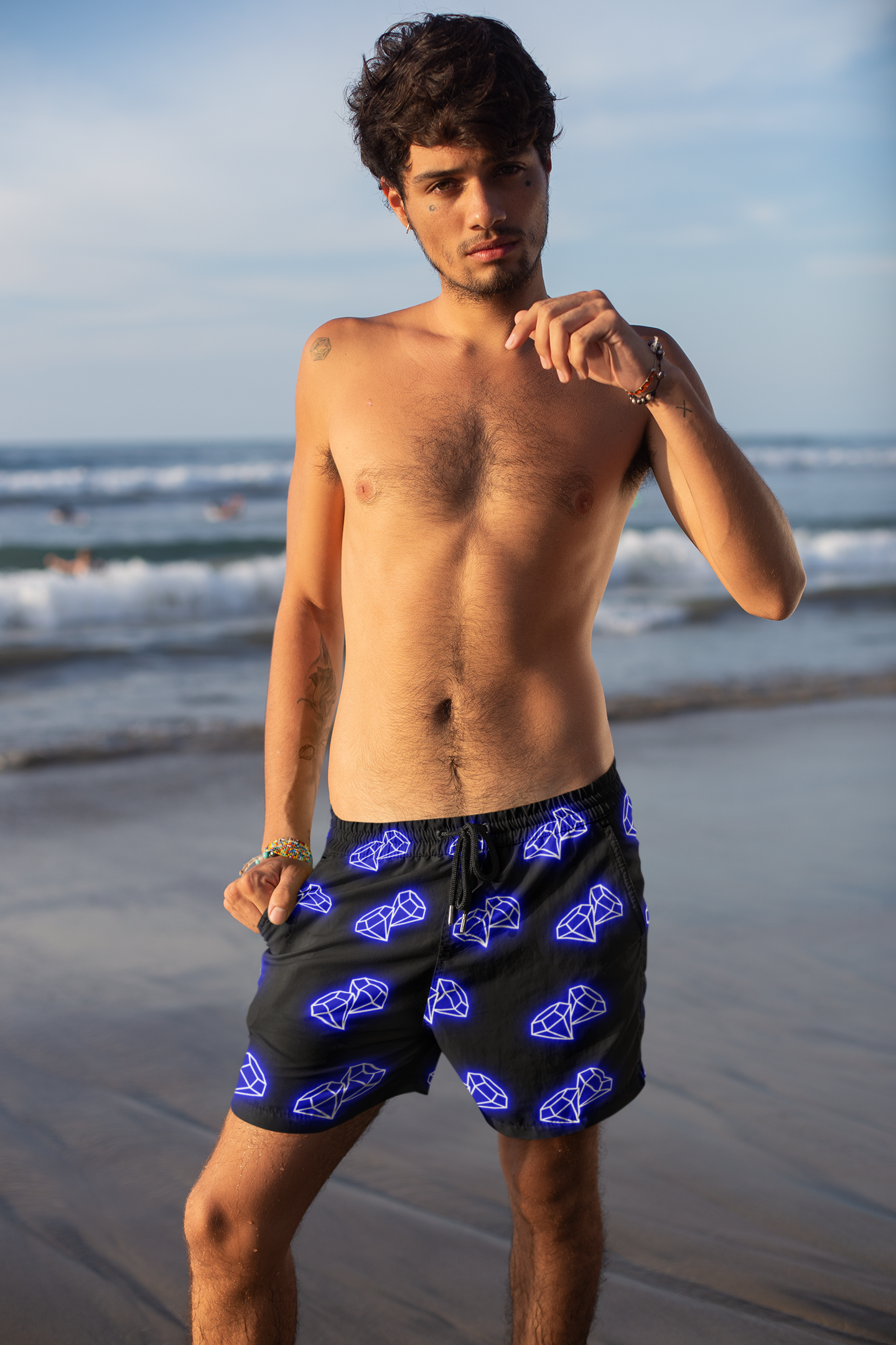 Mens Neon Swim Shorts Diamond Print Swim Trunks for Him Festival Beachwear Gift for Boyfriend Bachelor Party Pool Shorts Summer Style
