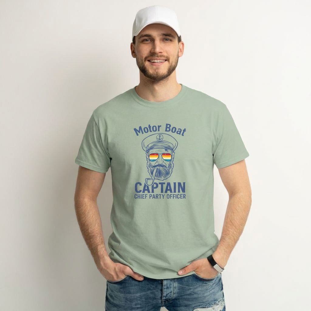Man wearing a light green t-shirt with a 'Motor Boat Captain' graphic design on a plain background