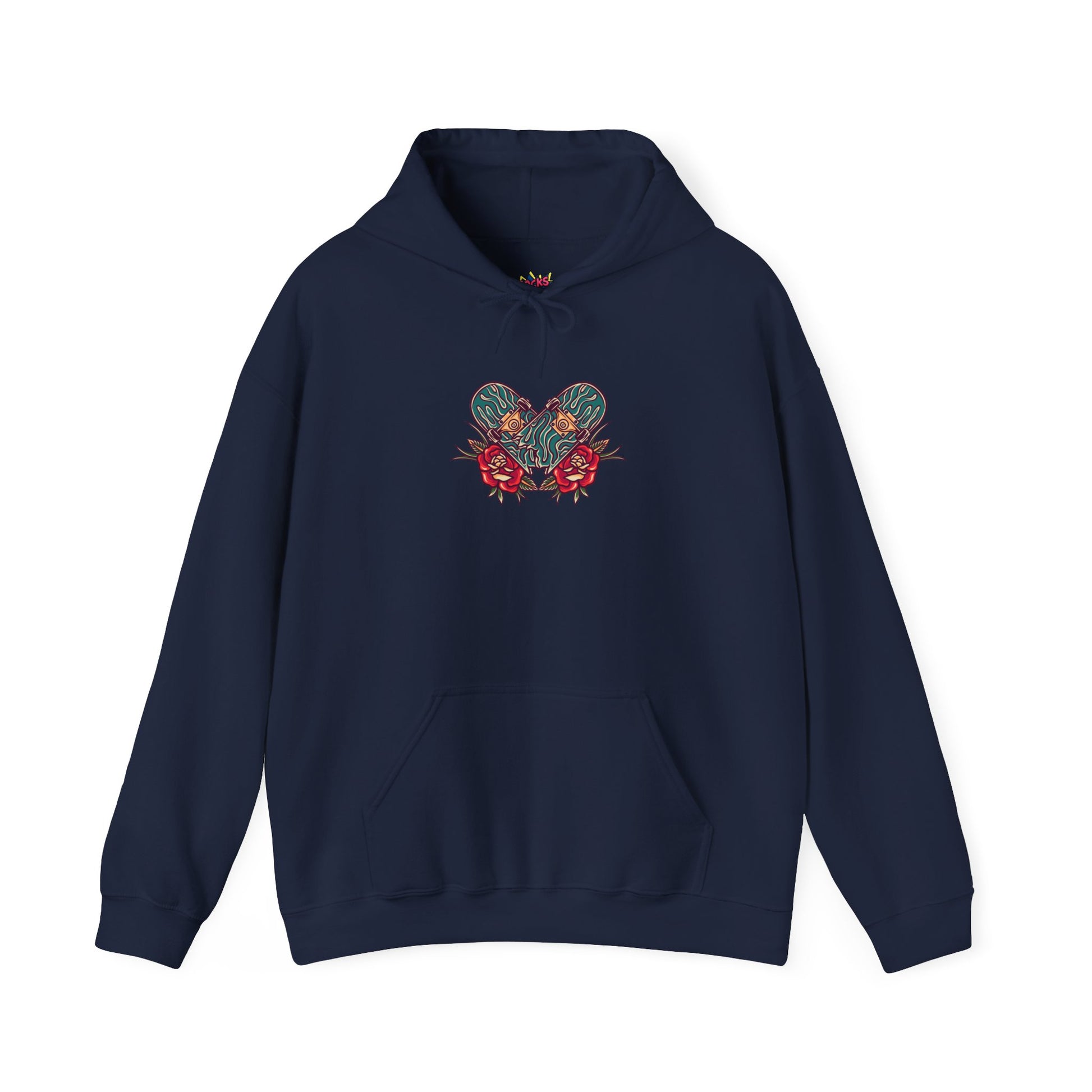 Navy blue hoodie with a skateboard and floral.