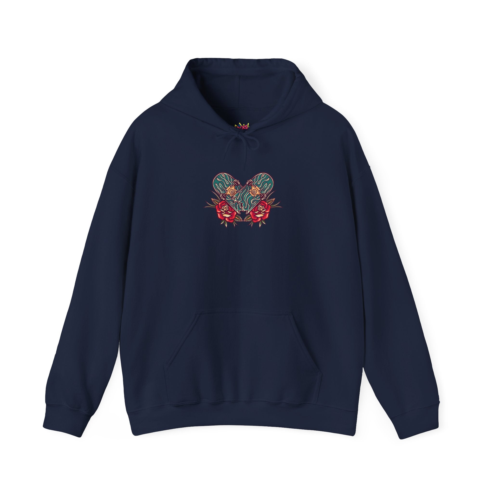 Navy blue hoodie with a skateboard and floral.