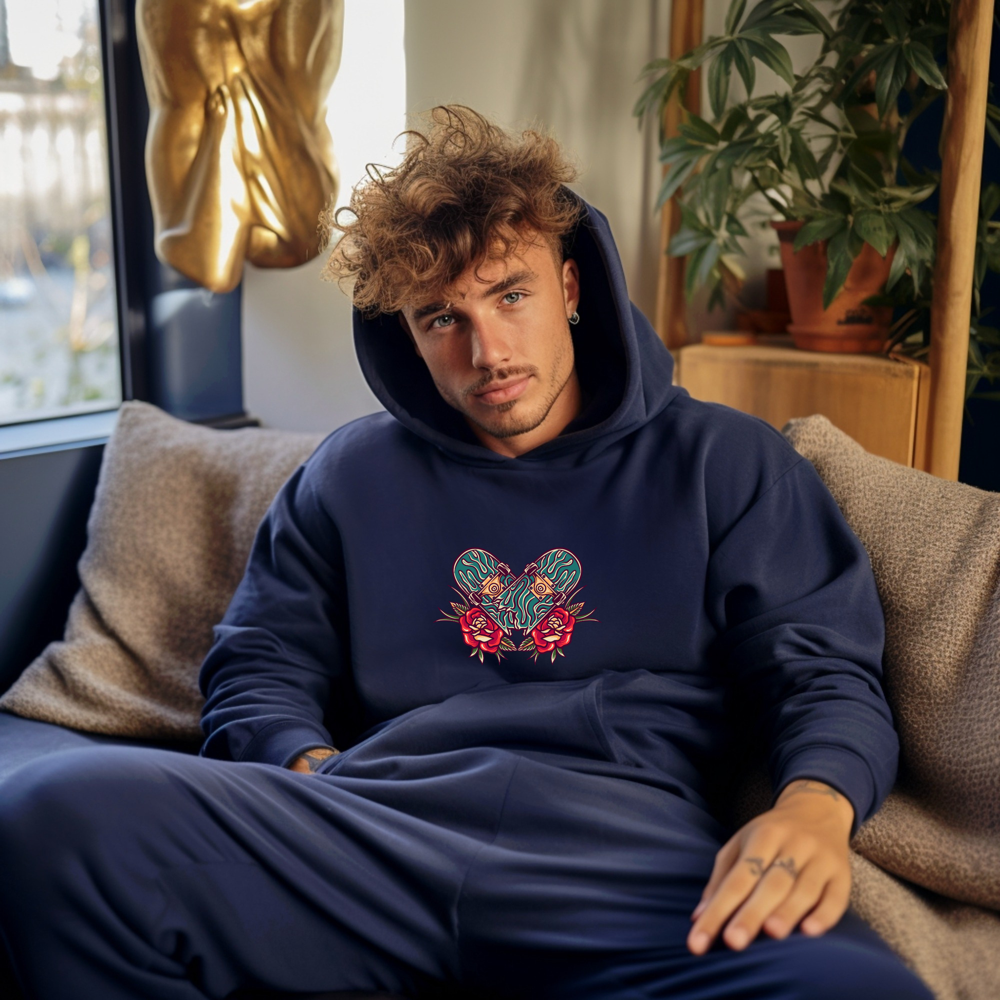 Man wearing a navy blue hoodie with a skateboard design sitting on a couch.