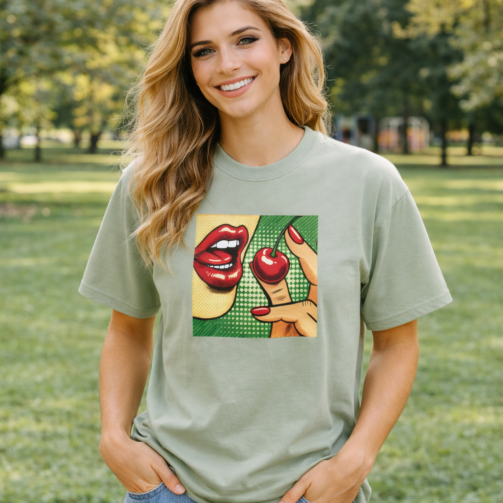Woman wearing a green t-shirt with a graphic design outdoors