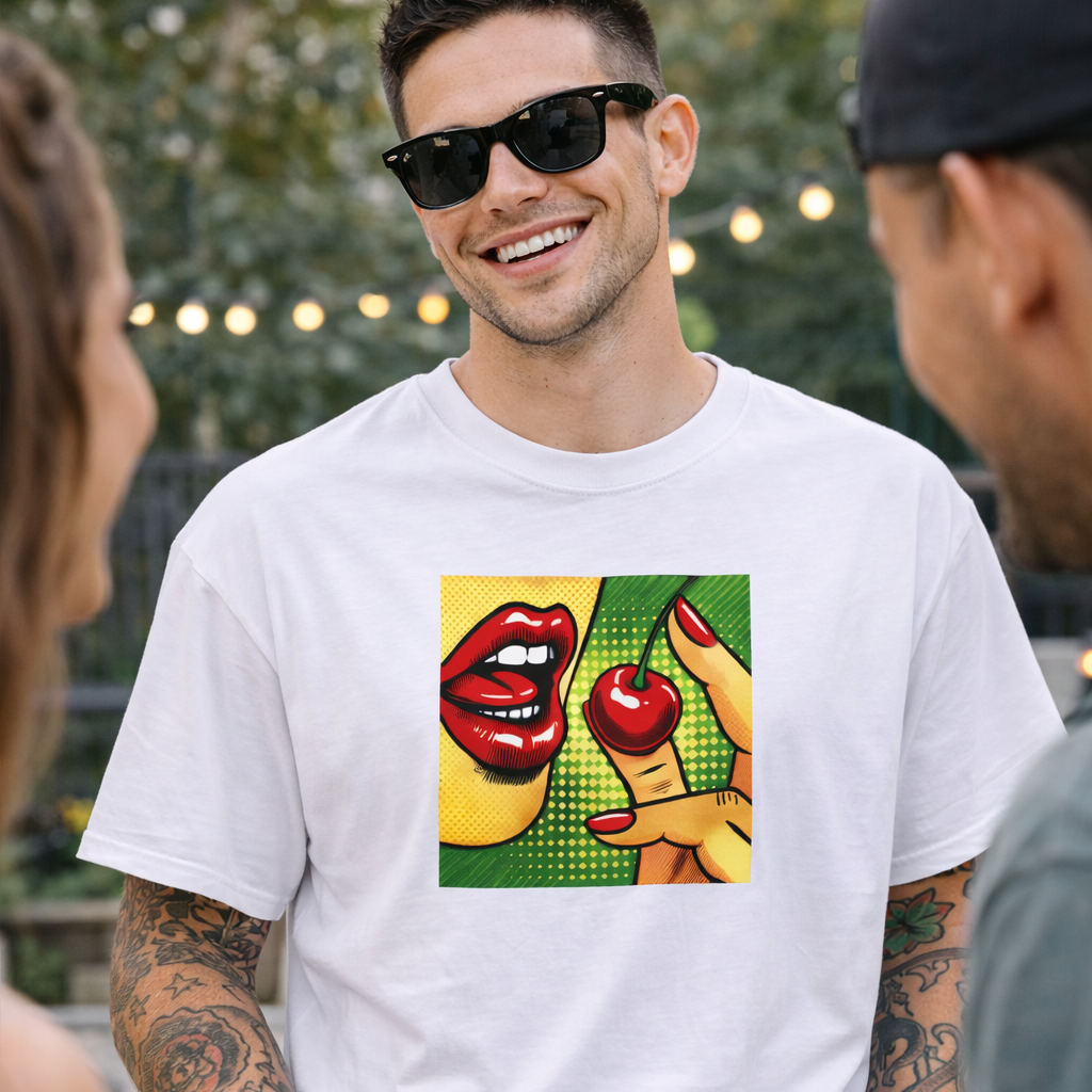 Man wearing a white t-shirt with a colorful graphic design, holding a can, standing outdoors.