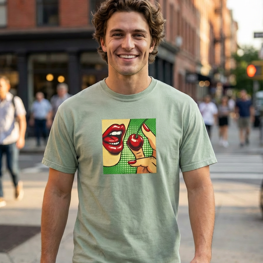 Man wearing a light green t-shirt with a graphic design on a city street.