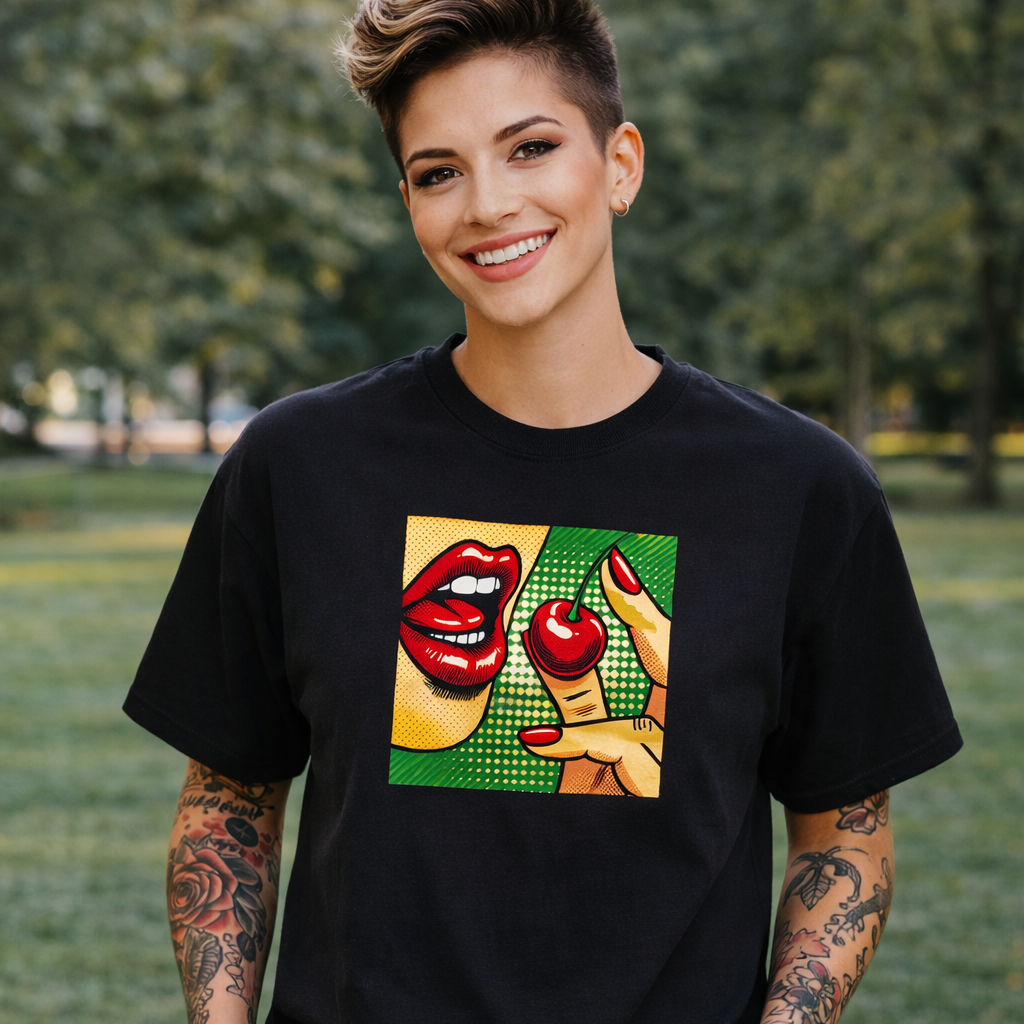 Person wearing a black t-shirt with a colorful graphic design outdoors.