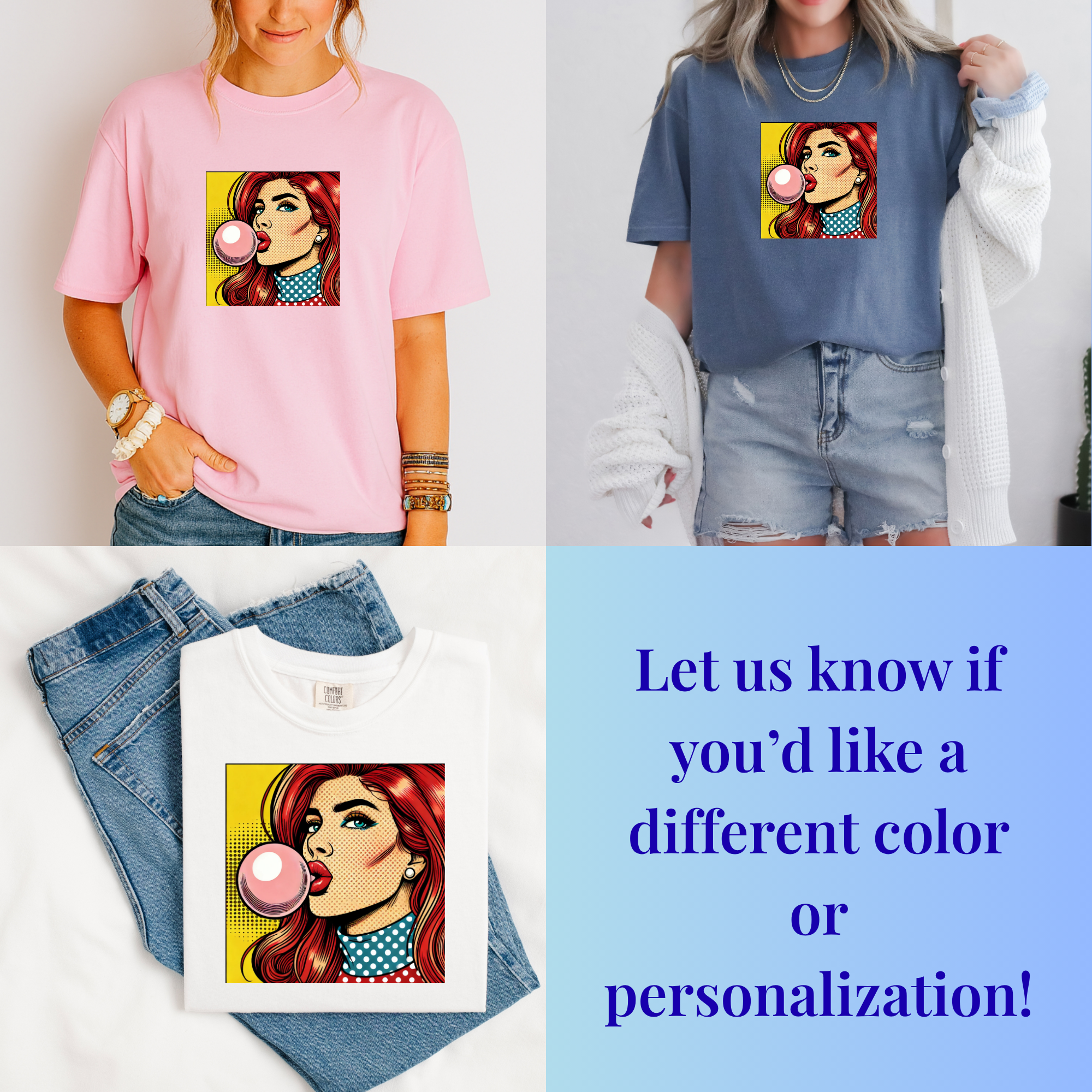 Two people wearing t-shirts with a graphic design of a woman blowing a bubble, surrounded by jeans and a white shirt.