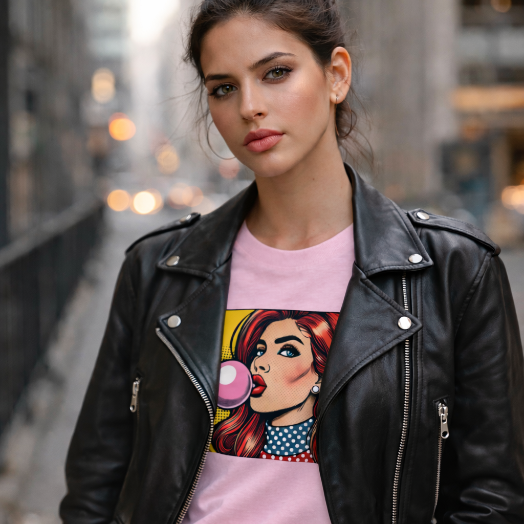 Woman wearing a black leather jacket over a pink graphic t-shirt in an urban setting