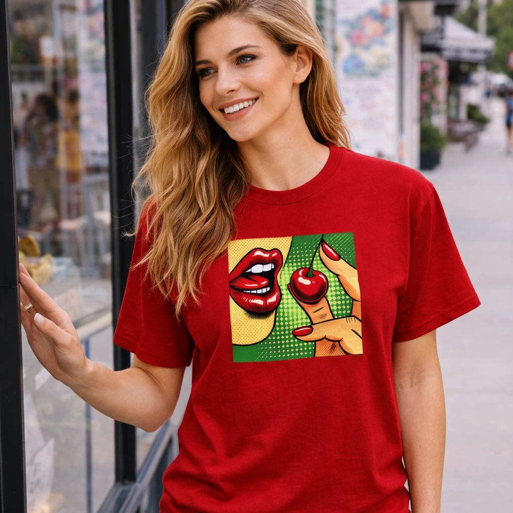 Woman wearing a red t-shirt with a colorful graphic design, standing on a street.