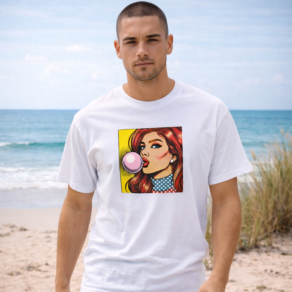 Man wearing a white t-shirt with a graphic pop art design on a beach