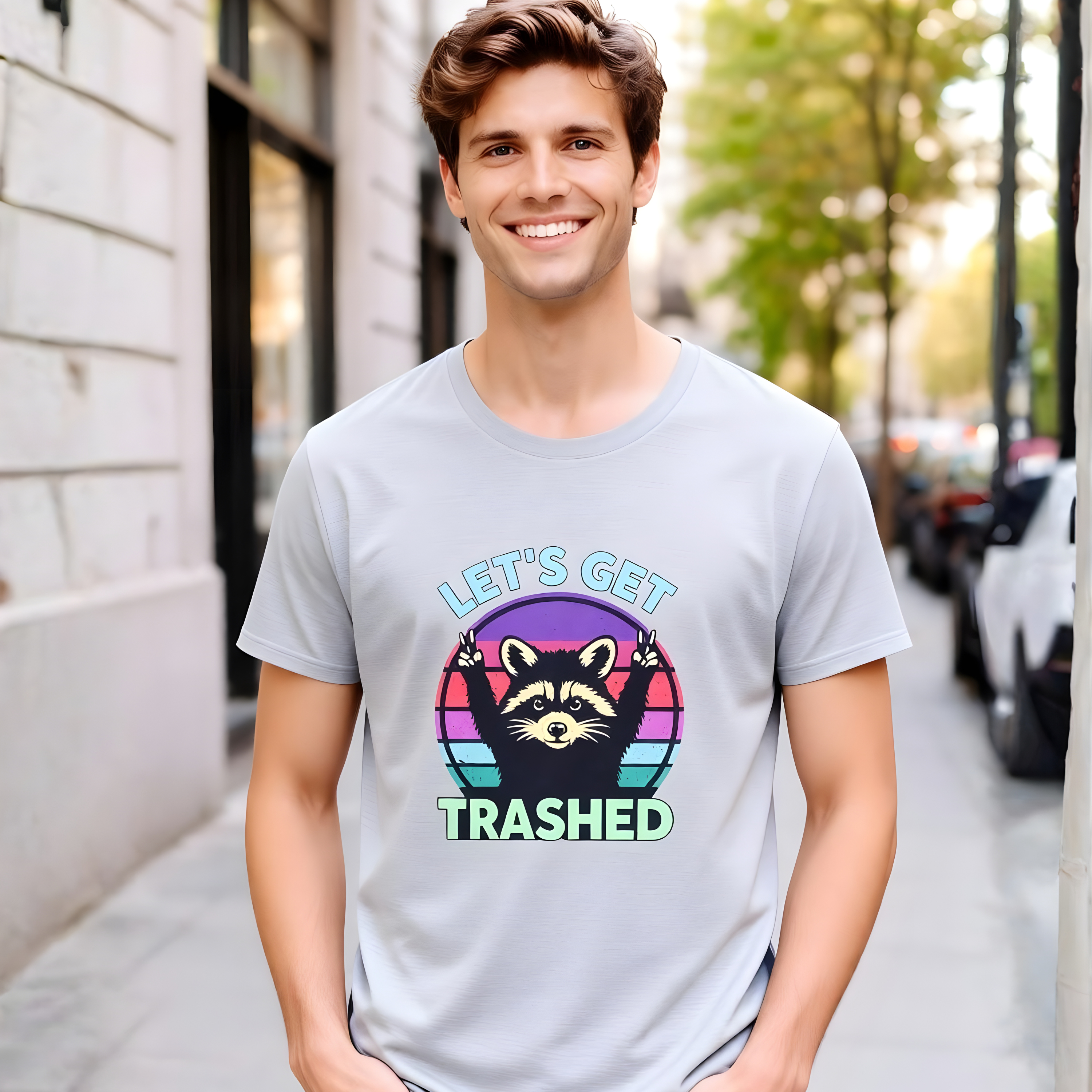 Man wearing a t-shirt with a raccoon graphic and text on a city street.