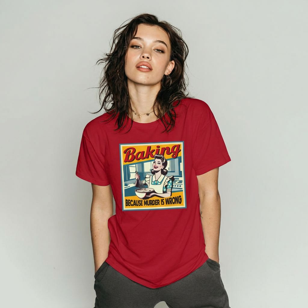 Person wearing a red t-shirt with a graphic design on a plain background