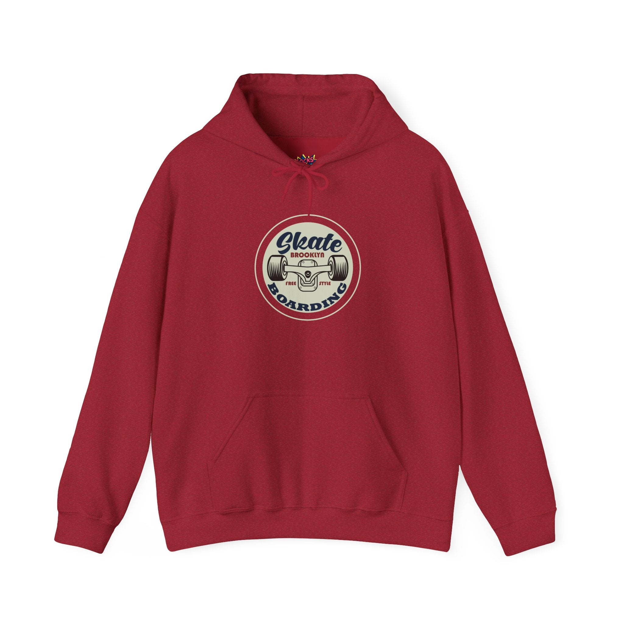 Red hoodie with a graphic skater logo design on a white background