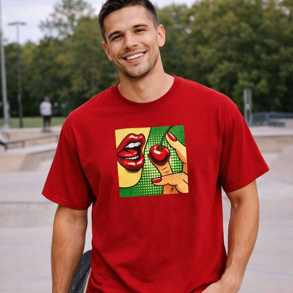 Man wearing a red t-shirt with a graphic design, holding a skateboard in an outdoor setting.