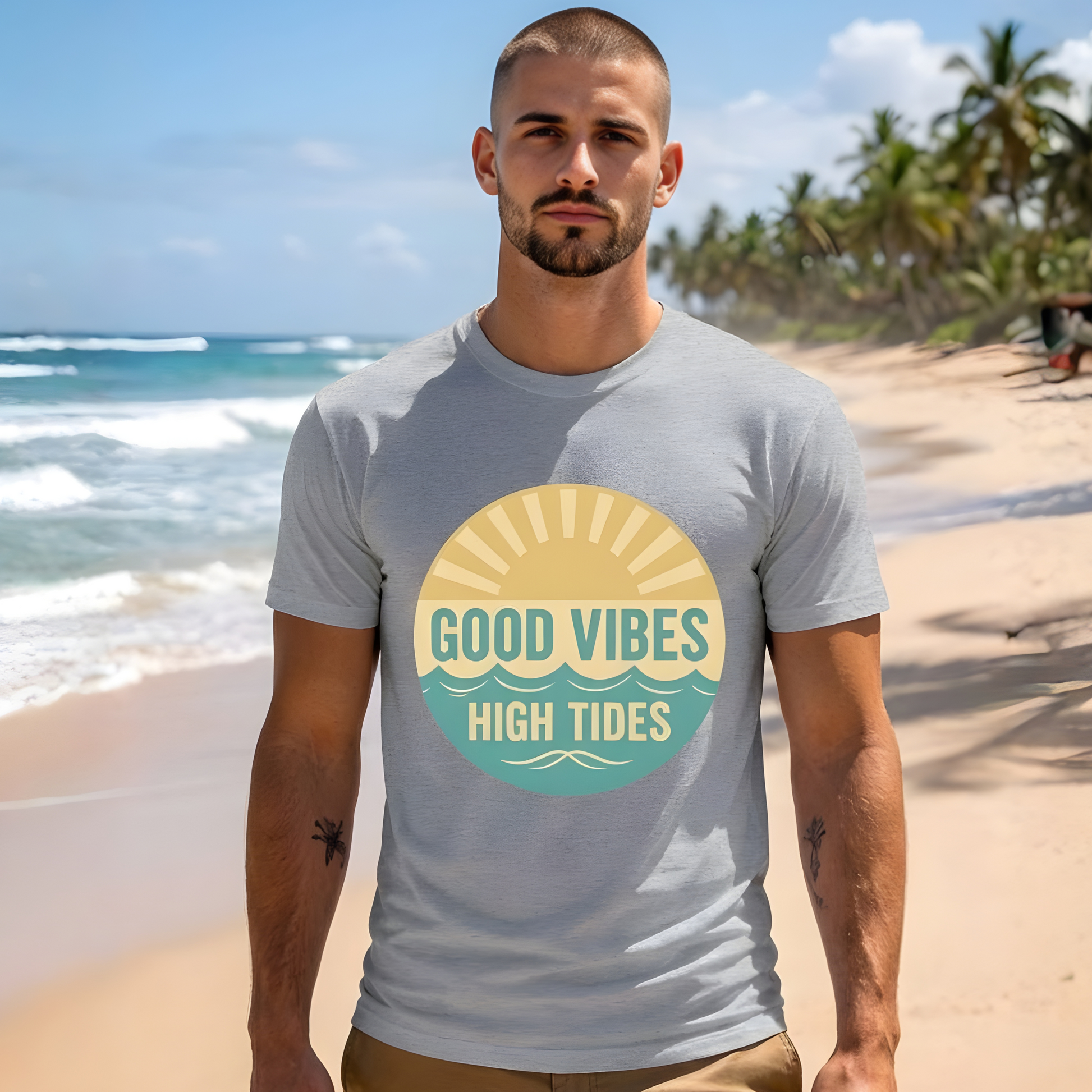 Man wearing a t-shirt with 'Good Vibes High Tides' on a beach