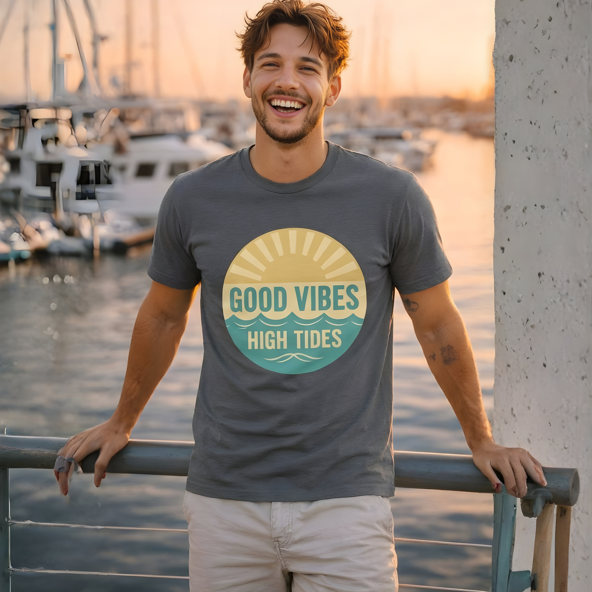 Man wearing a t-shirt with 'Good Vibes High Tides' design by a marina.