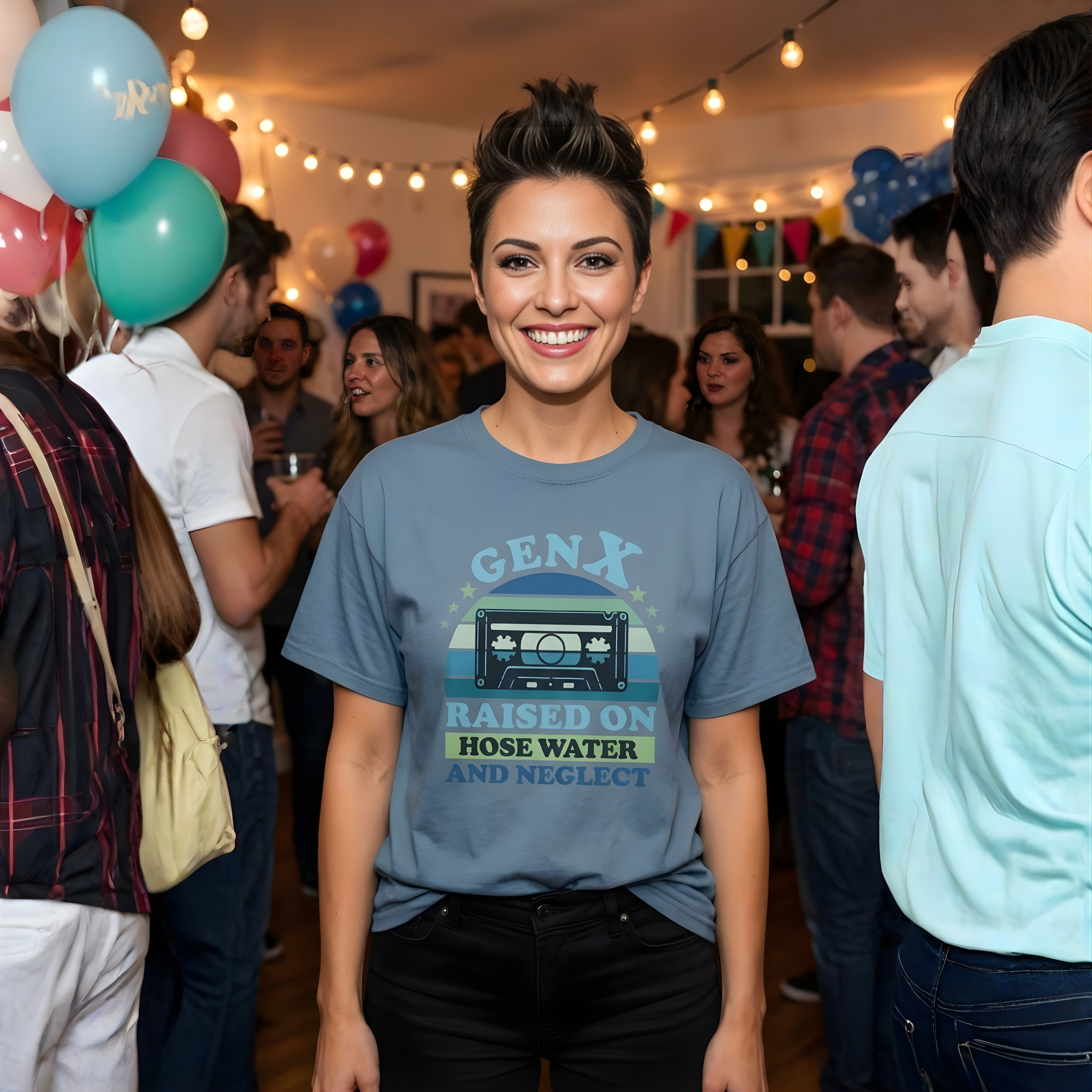 Woman wearing a t-shirt with a graphic design in a social setting with balloons and people.