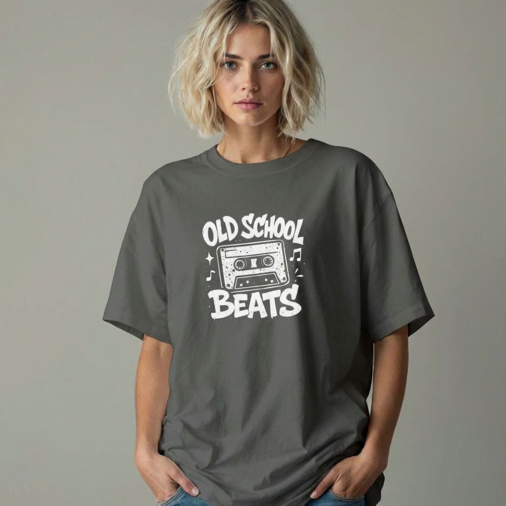 Person wearing a gray t-shirt with 'Old School Beats' design on a plain background