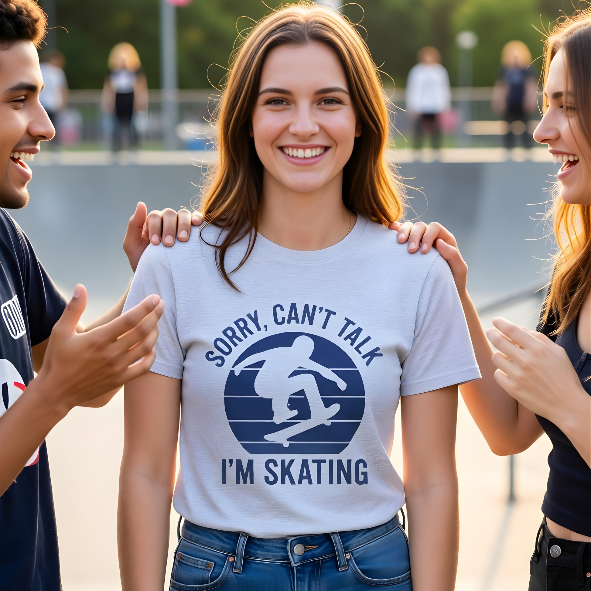 Person wearing a t-shirt with a skating graphic and text, standing between two people outdoors.