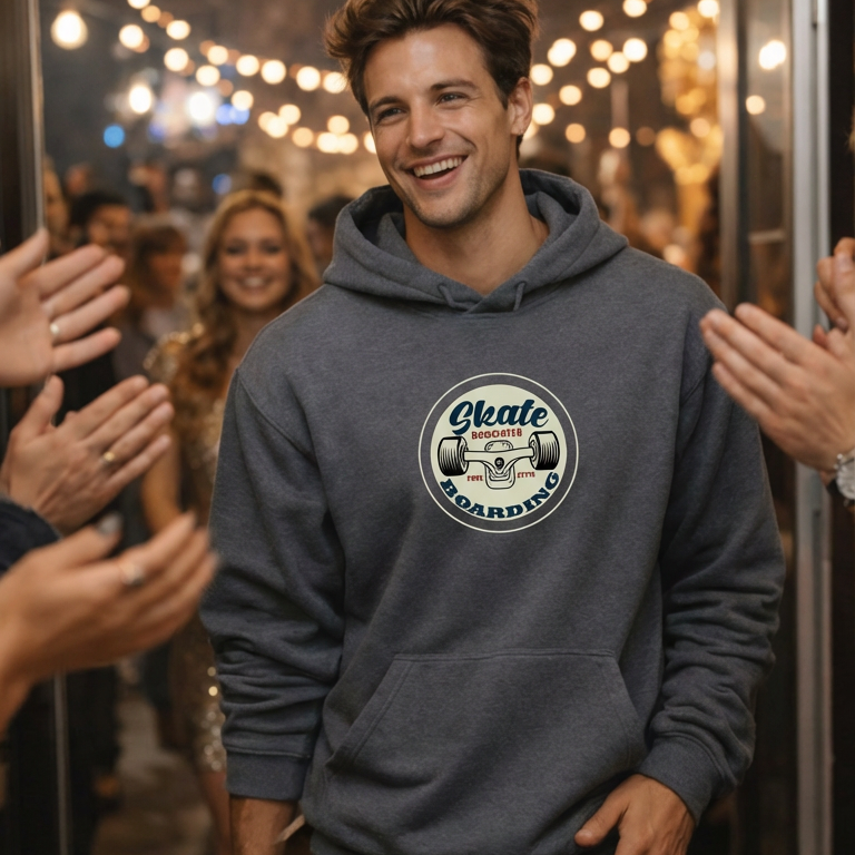 Man wearing a gray hoodie with a skate logo, surrounded by people in a festive setting with string lights.