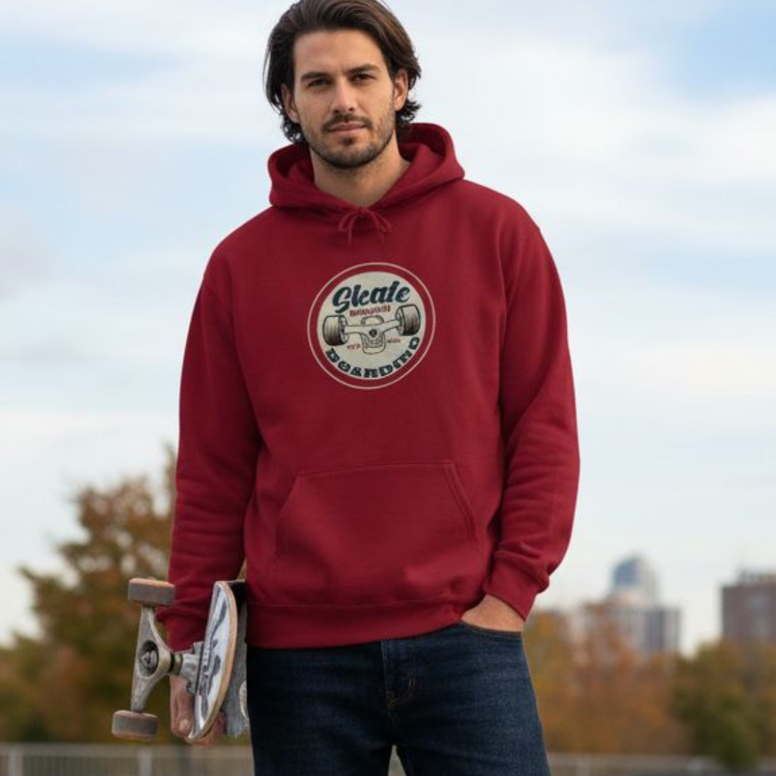 Person wearing an antique cherry red hoodie with a skate logo, holding a skateboard, standing outdoors.