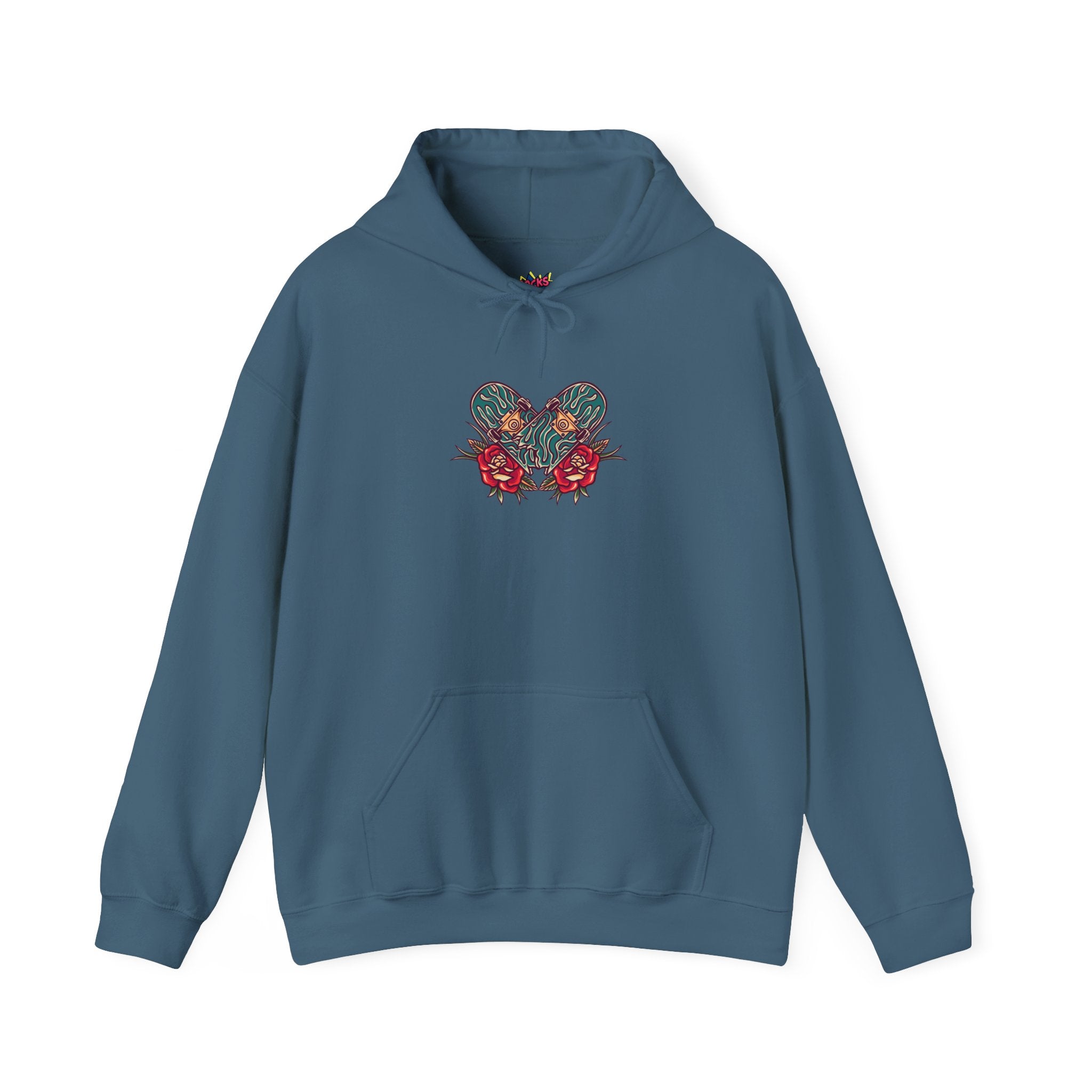 Indigo blue hoodie with a broken skateboard surrounded by roses on a white background