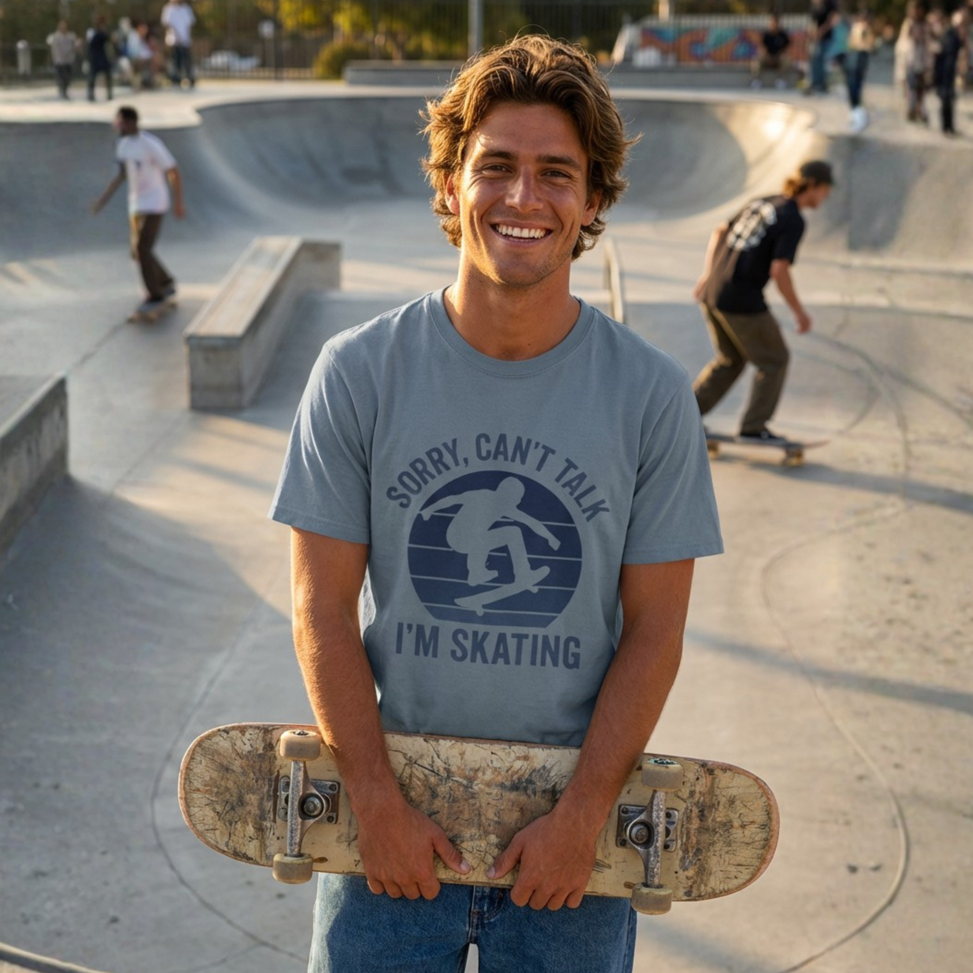 Man holding a skateboard at a skate park wearing a t-shirt with a humorous graphic and text.