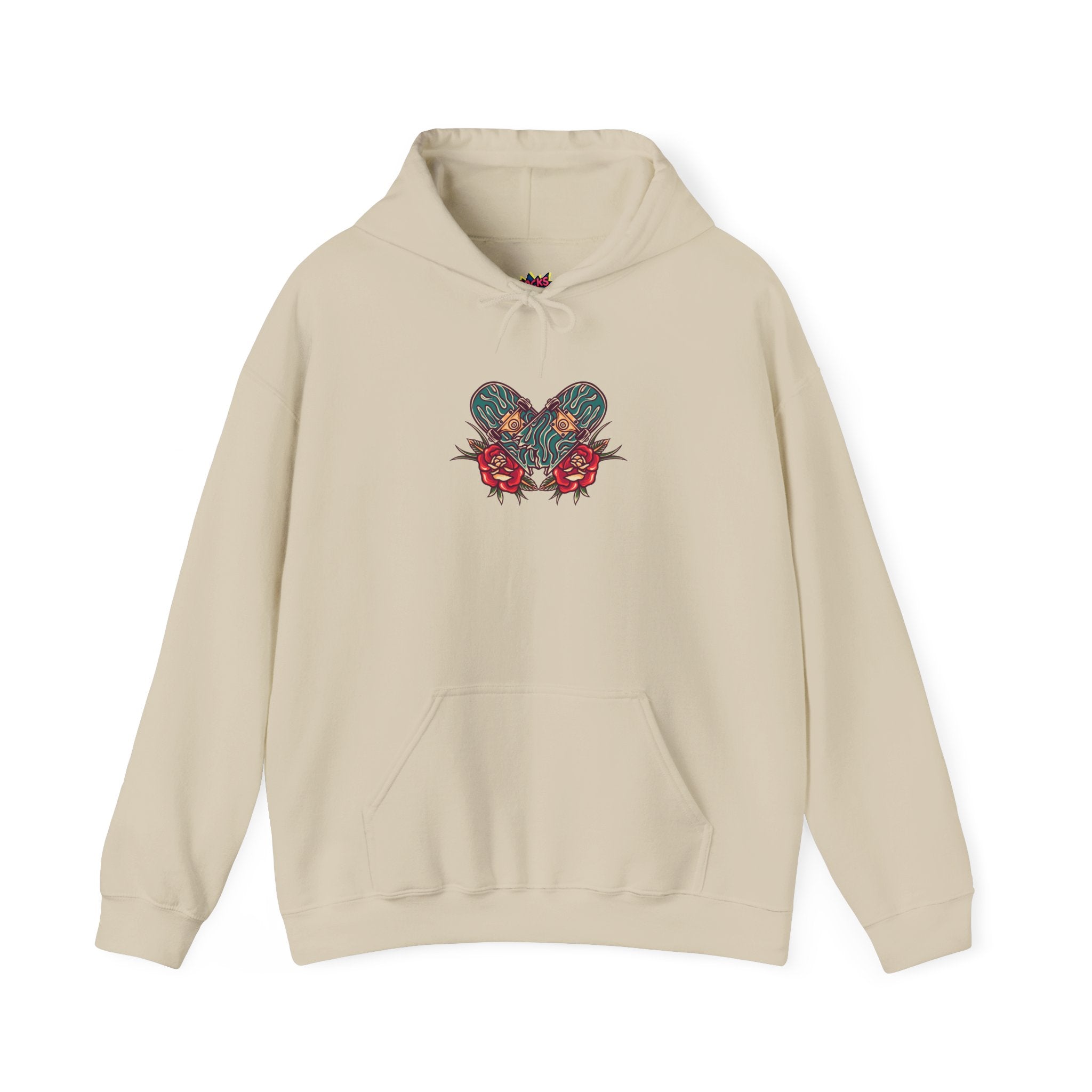 Beige hoodie with skateboard floral heart design on a white background