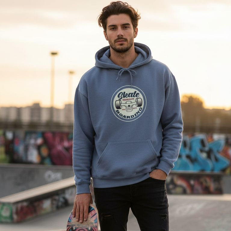 Man in a heather blue hoodie with skateboard graphic holding a colorful skateboard at a skate park.