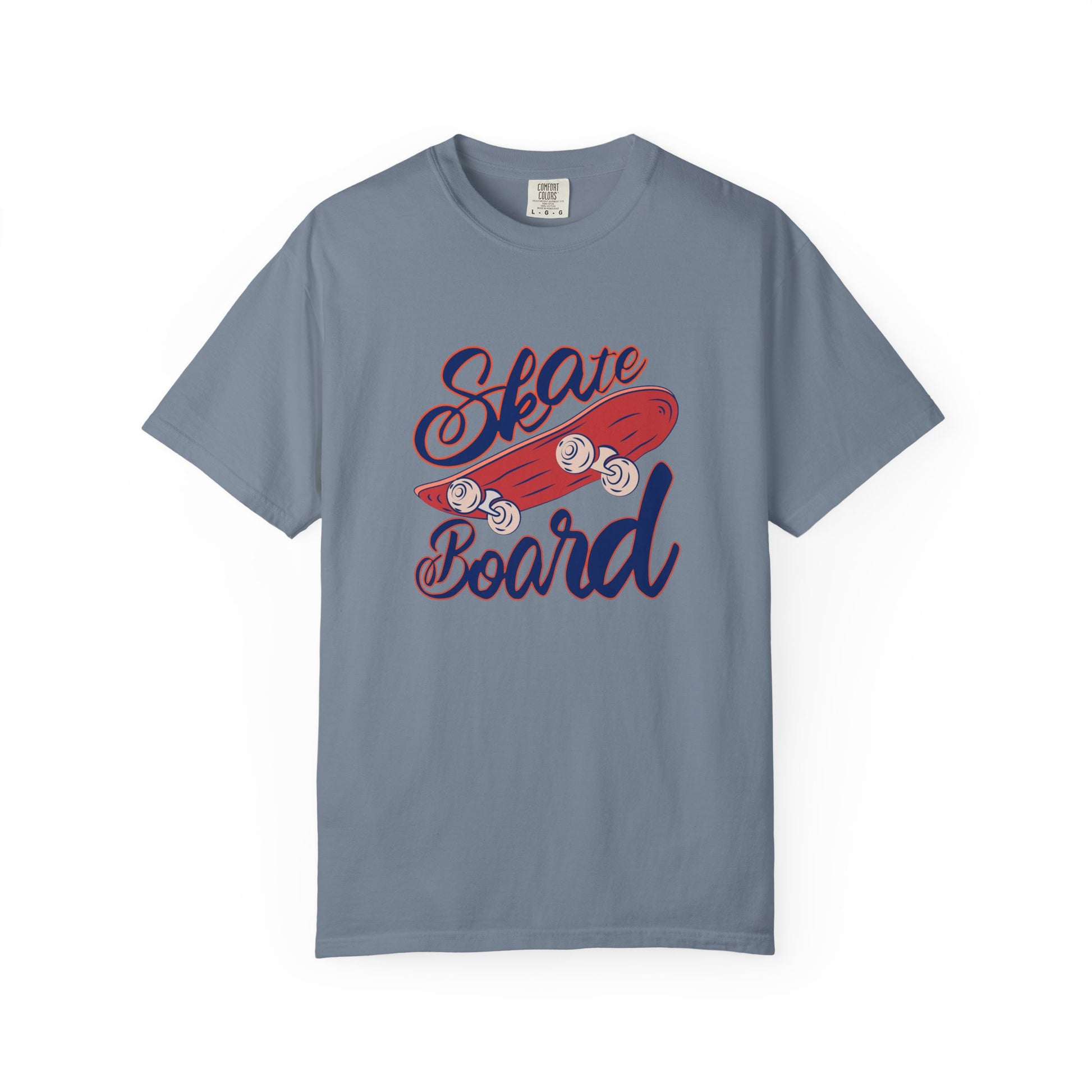Gray t-shirt with a red and blue graphic of a skateboard and 'Skate Board' text on a white background