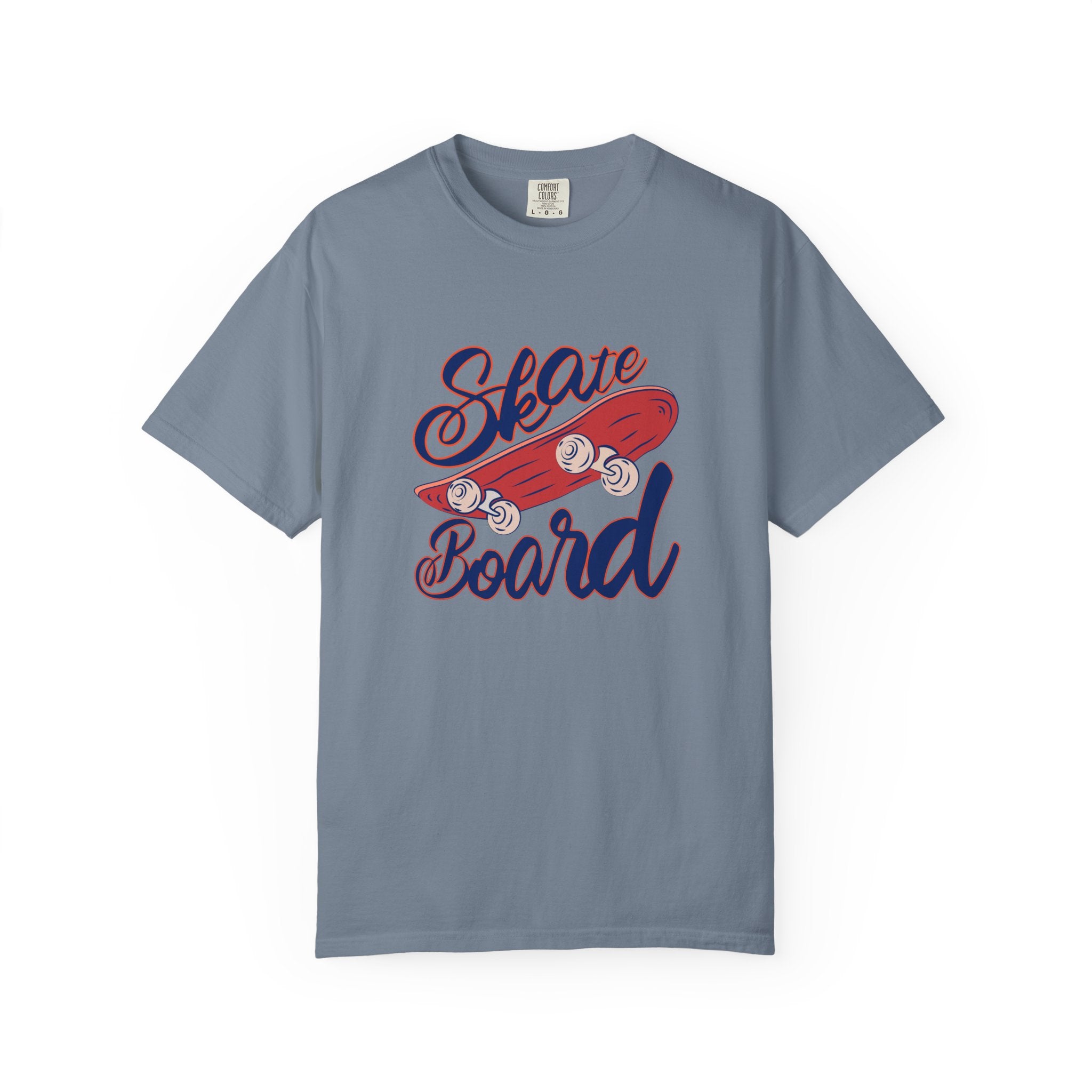 Gray t-shirt with a red and blue graphic of a skateboard and 'Skate Board' text on a white background