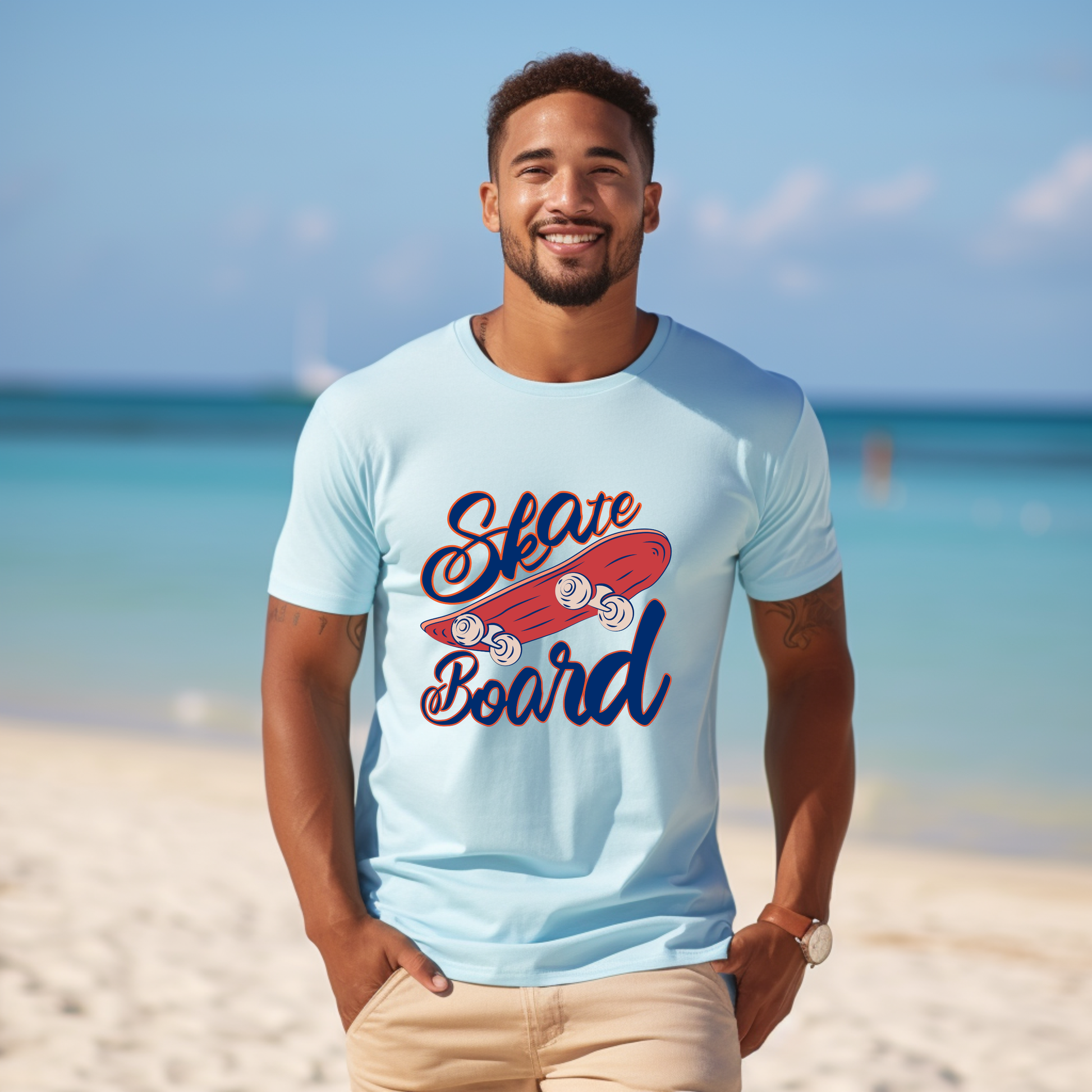 Man wearing a light blue t-shirt with 'Skate Board' design on a beach