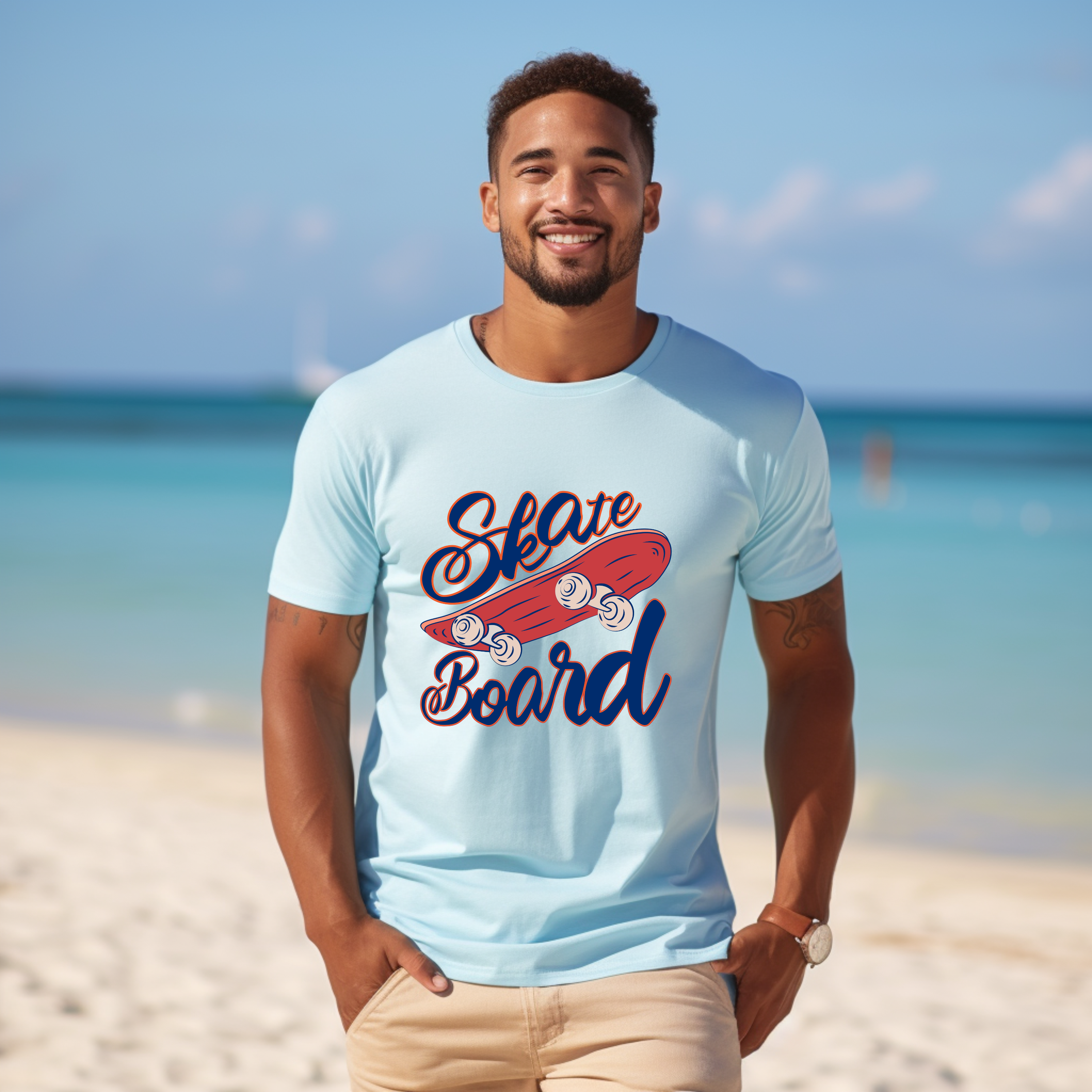Man wearing a light blue t-shirt with 'Skate Board' design on a beach