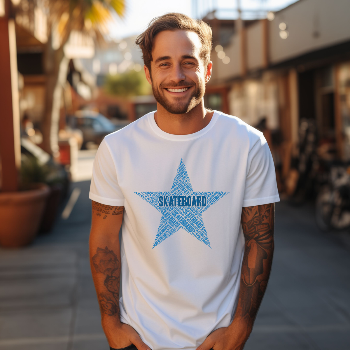Man wearing a white t-shirt with a blue star graphic and 'SKATEBOARD' text, standing outdoors.