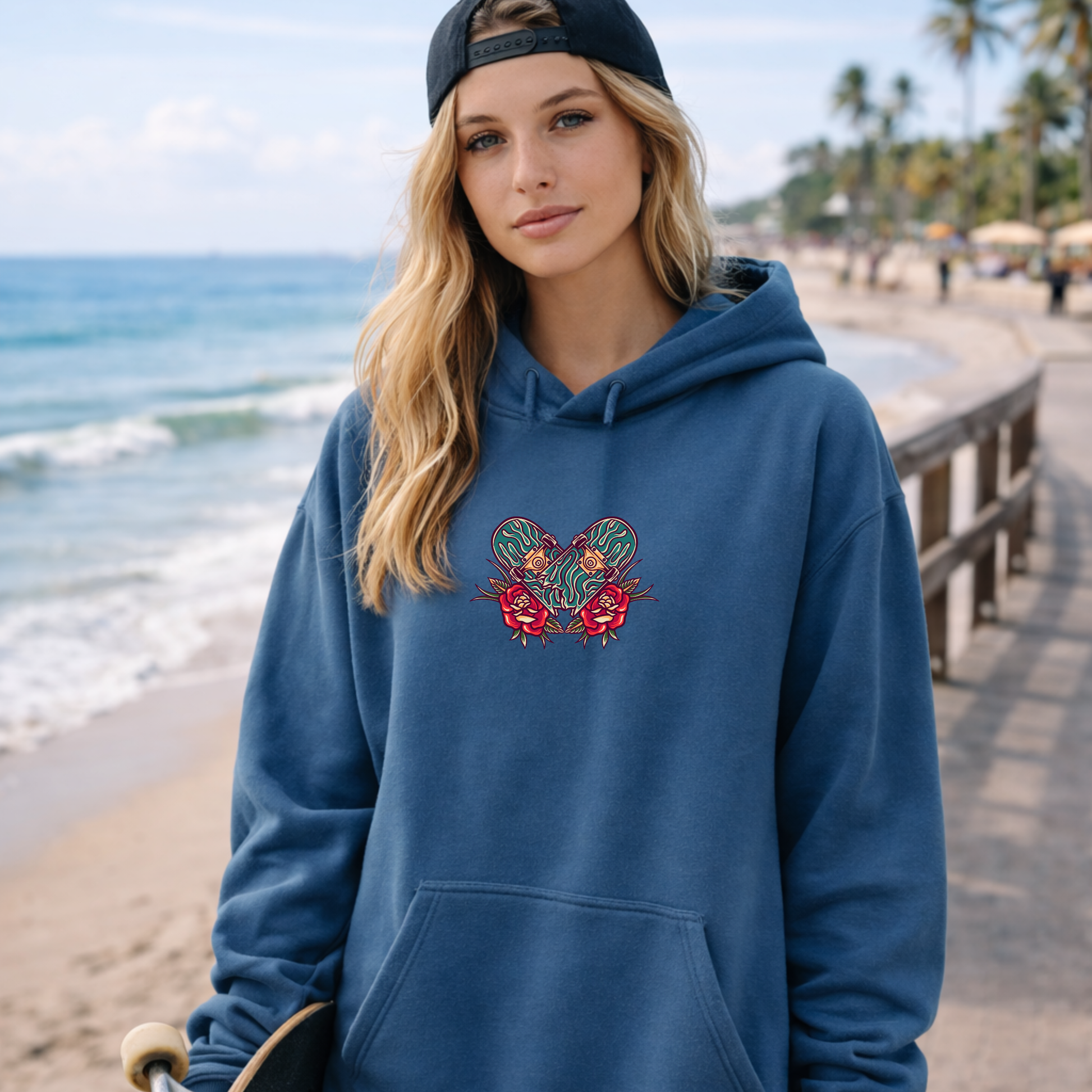 Woman wearing a blue hoodie with a skateboard floral design on a beach