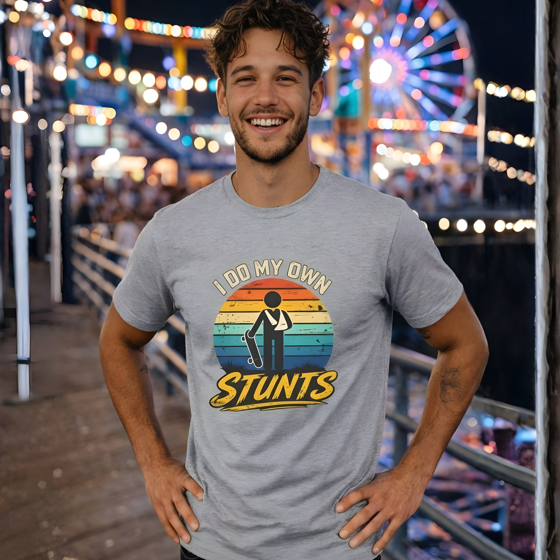 Man wearing a t-shirt with 'I do my own stunts' design at a carnival.