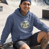 Person wearing a heather navy skater hoodie at a skate park.