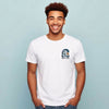 Person wearing a white t-shirt with a 'Surf Club' logo on a light blue background
