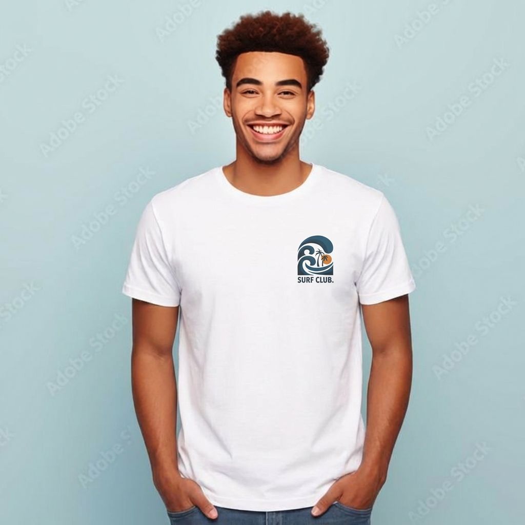 Person wearing a white t-shirt with a 'Surf Club' logo on a light blue background