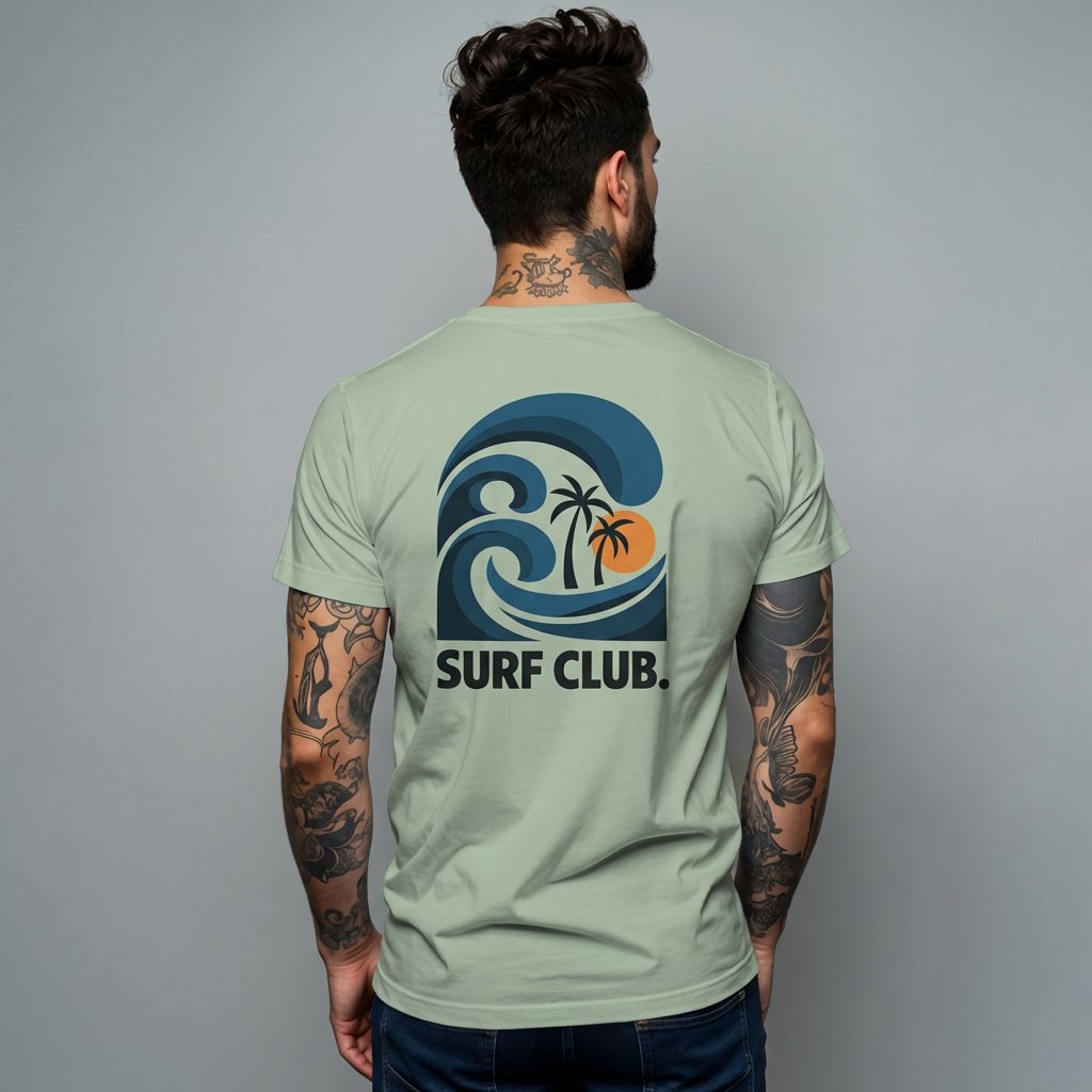 Man wearing a bay green t-shirt with 'Surf Club' design on the back against a gray background