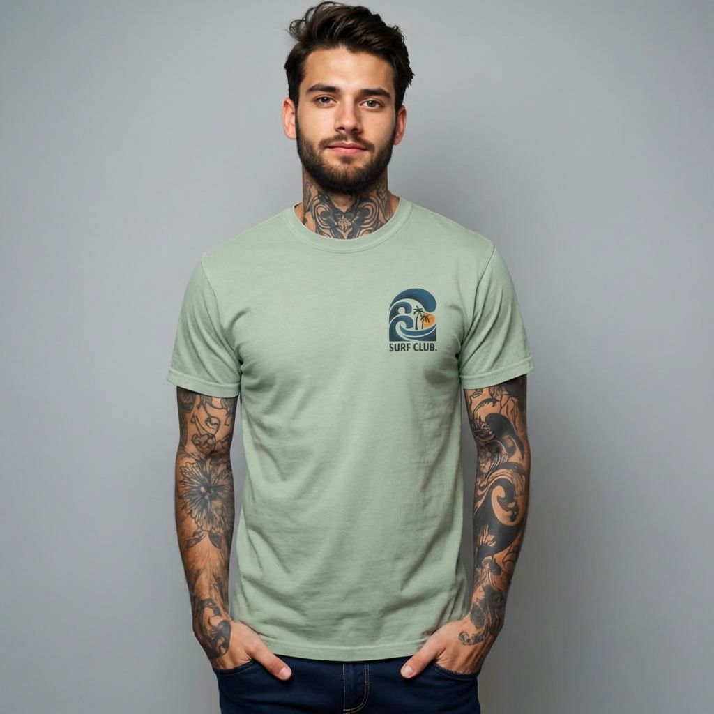 Man wearing a green t-shirt with a surf club logo on a gray background