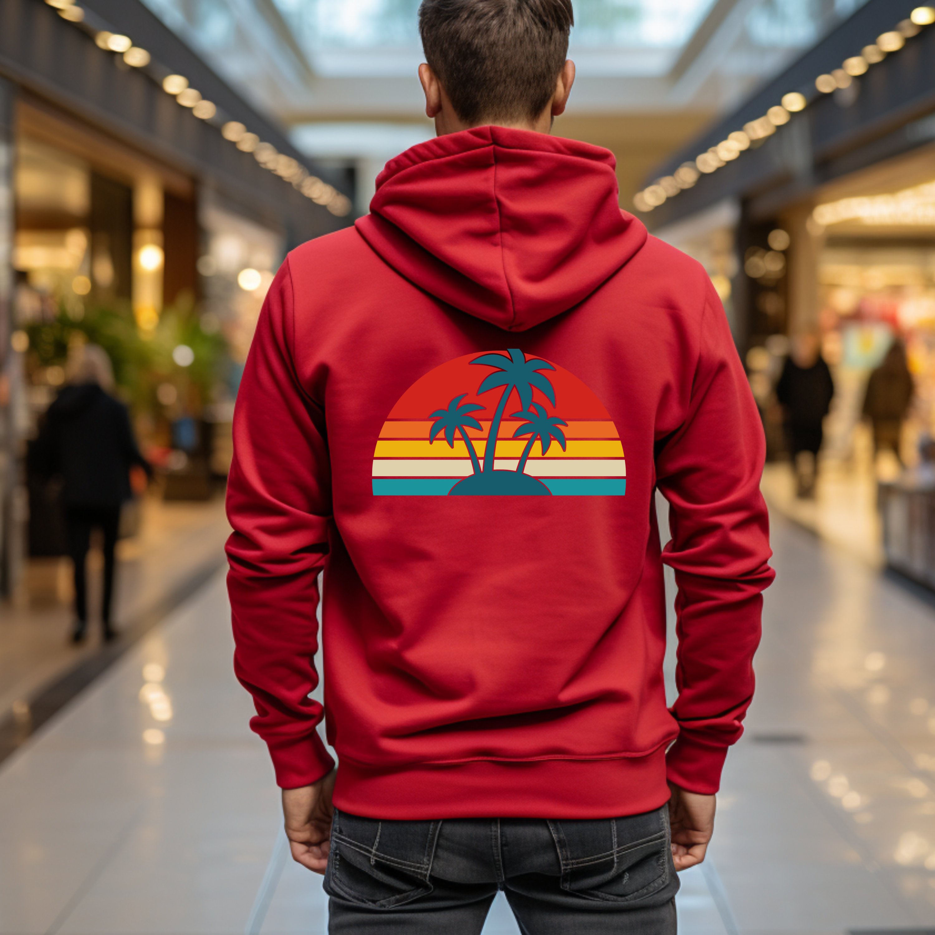 Person wearing a red hoodie with a palm tree design in a mall