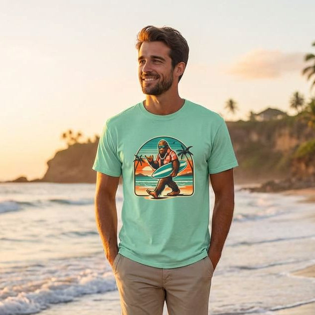 Man walking on a beach wearing a light green t-shirt with a sasquatch graphic design.
