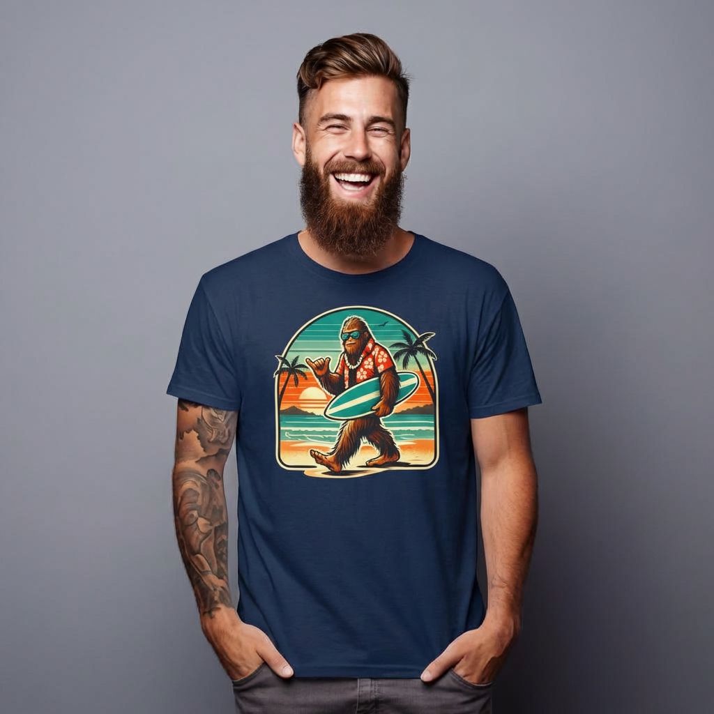 Man walking on a beach wearing a light green t-shirt with a sasquatch graphic design.