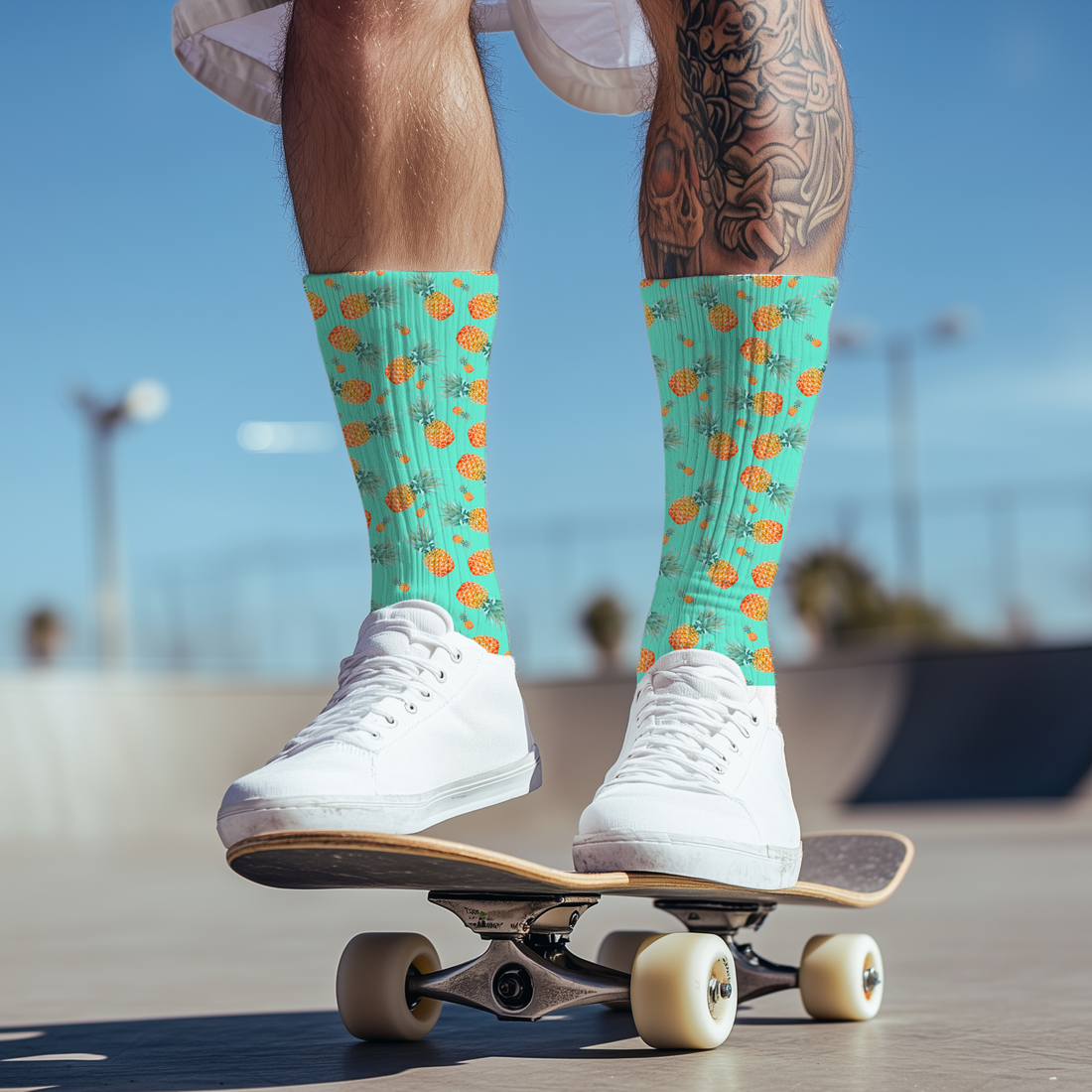 Teal socks with pineapple pattern worn by a person on a light gray background