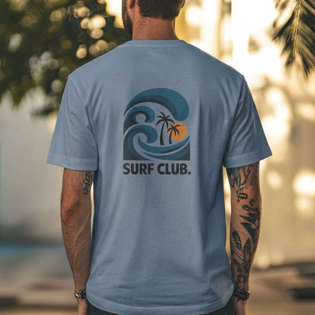 Person wearing a blue 'Surf Club' t-shirt with a wave and palm tree design on the back, standing outdoors.