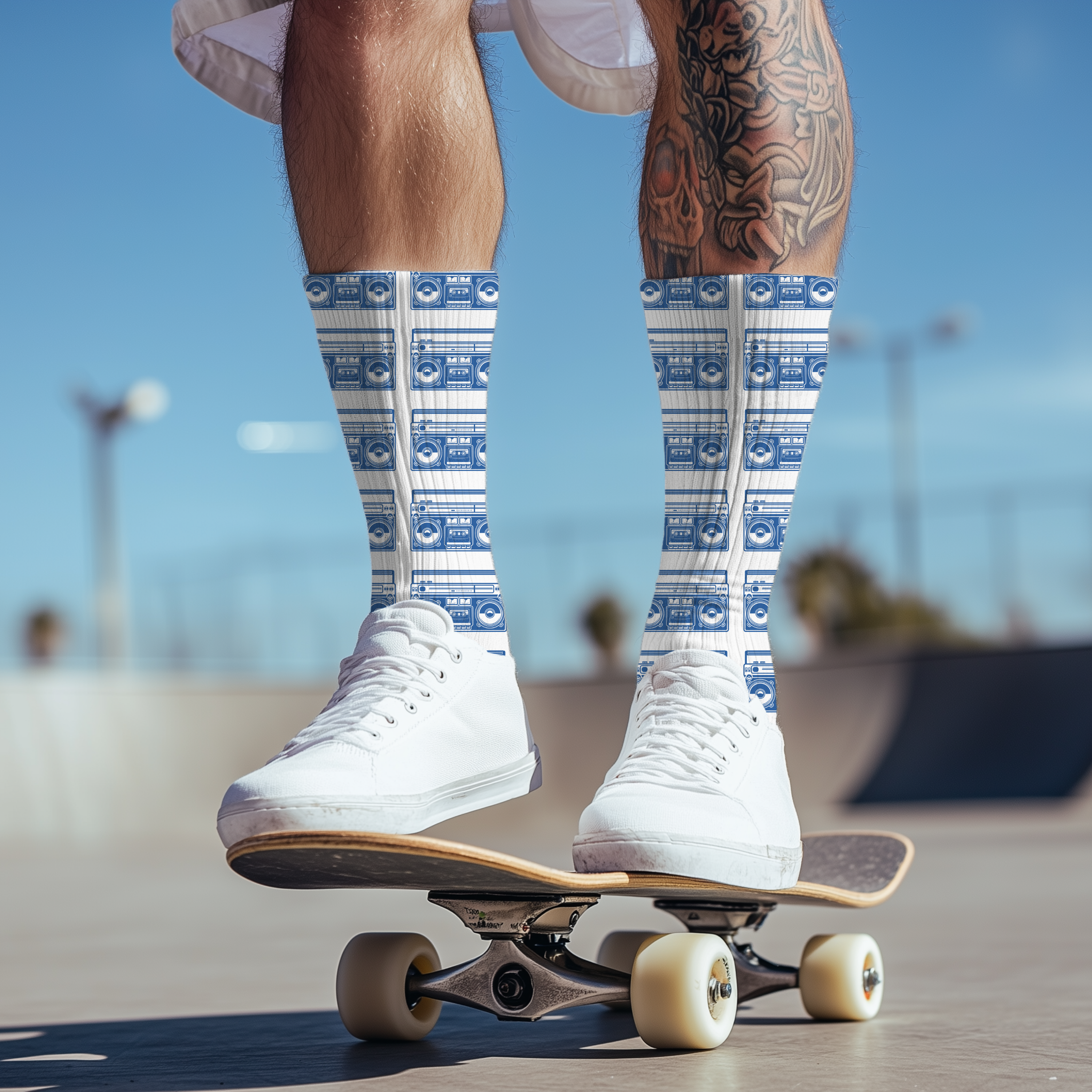Person skateboarding wearing socks with a blue and boom box pattern.