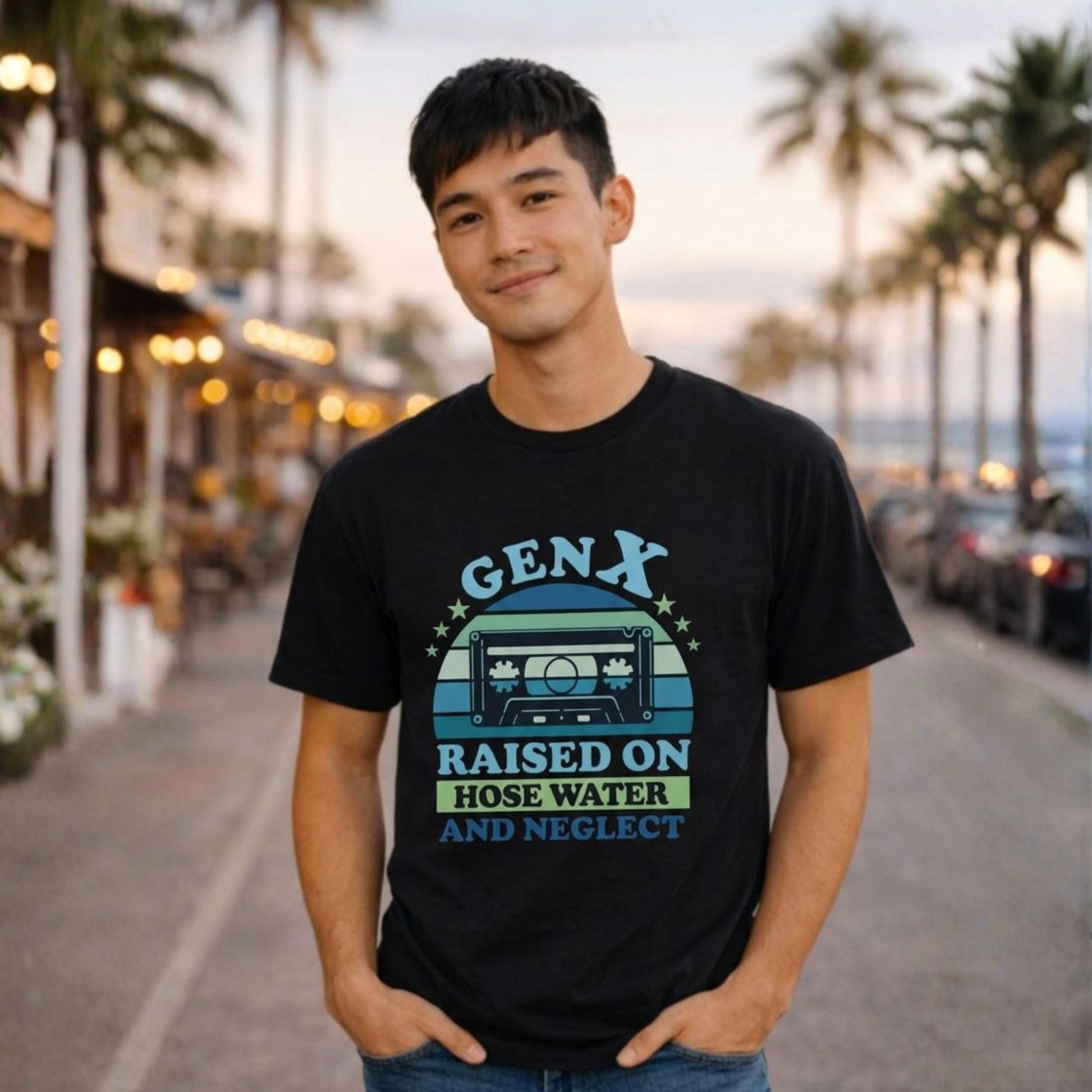 Man wearing a black t-shirt with a graphic design and text, standing on a street with palm trees in the background.